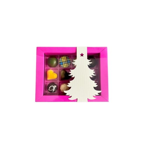 12er Pralinenbox Premium Farbe: Pink, Banderole "Christbaum"