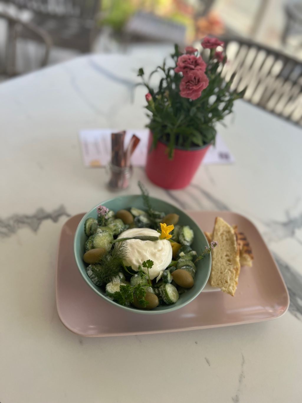 Gurkensalat mit Joghurtespuma, Gurken Blüten und Oliven